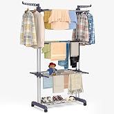 Bigzzia Clothes Drying Rack Folding with Wheels Laundry Rack 4 Tier | Foldable Stainless Steel Drying Rack Clothing, Clothes Horse Rack with Two Side Wings, Grey