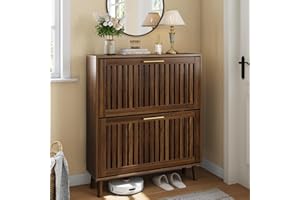 Smart FENDEE Shoe Cabinet with 2 Flip Slatted Drawers, Freestanding Shoe Storage Cabinet with Gold Handle, Hidden Entryway Sh