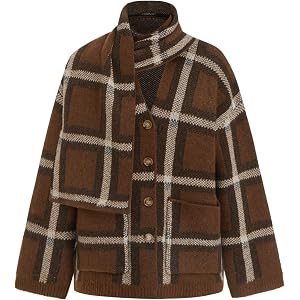 CIDER Oversized Plaid Cardigan Sweaters Knit Jacket with Matching Scarf | V Neck,Button Down,Fall Winter Outfits