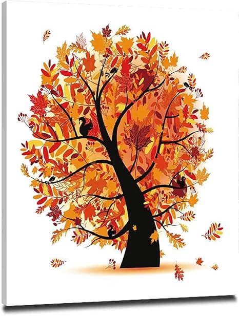 Amazon 秋 アート絵画 風景画 40x50cm 木製パネル付 絵 絵画 インテリア 壁掛け 壁飾り 風水 玄関 木枠付きの完成品 さまざまな異なる落ち葉漫画スタイルイラスト装飾的な黄色オレンジブラックと曲線の木 ウォールステッカー オンライン通販
