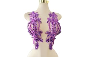 XZG.beatal Handmade Shining Rhinestones lace Applique Patches Sewing Beads Sequins Stone Trim Accessories for Wedding Dress 1Pair/Bag 17.7X5inches (Purple)