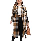ZOMVA 2025 Women's 0X-5X Plus Size Long Flannel Plaid Shacket Jacket Oversized Button Down Coats Shirts with Pockets