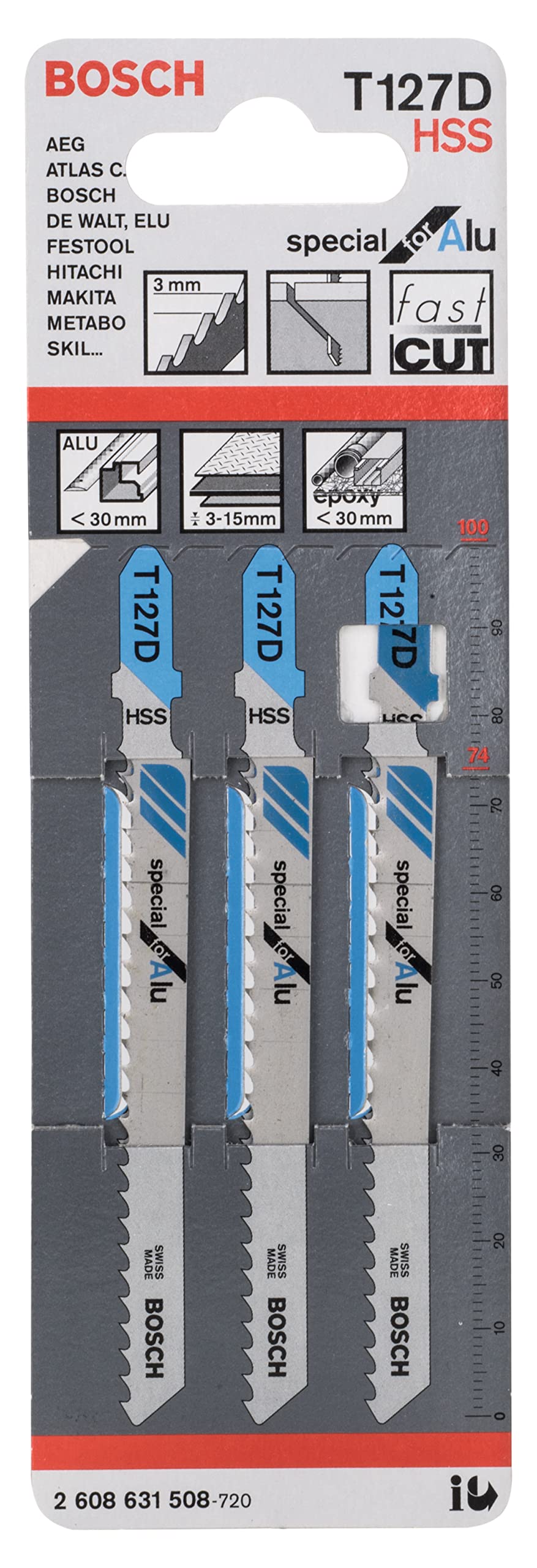 Bosch Professional 3x Jigsaw Blade T 127 D Special for Alu (for Aluminium sheets, Accessories Jigsaw)