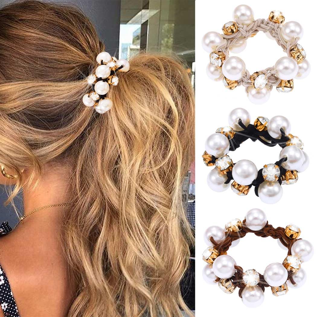 Zoestar Pearl Hair Ties Beaded Ponytail Holder Rhinestone Scrunchies Fancy Hair Accessories for Women and Girls (A)