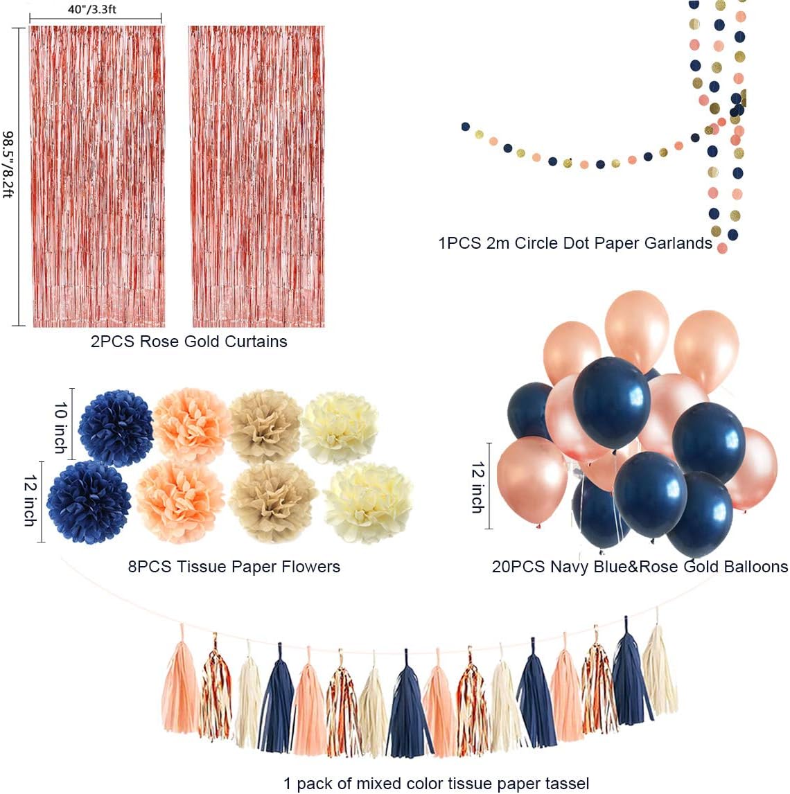 32 Pack Navy Blue Rose Gold Party Decoration Kit - Navy Rose Gold Balloons, Curtains, Paper Flowers,Tassel and Garland for Bridal Shower, Baby Shower, Gender Reveal, Graduation, Rose Gold Bachelorette Party Decorations: Toys & Games