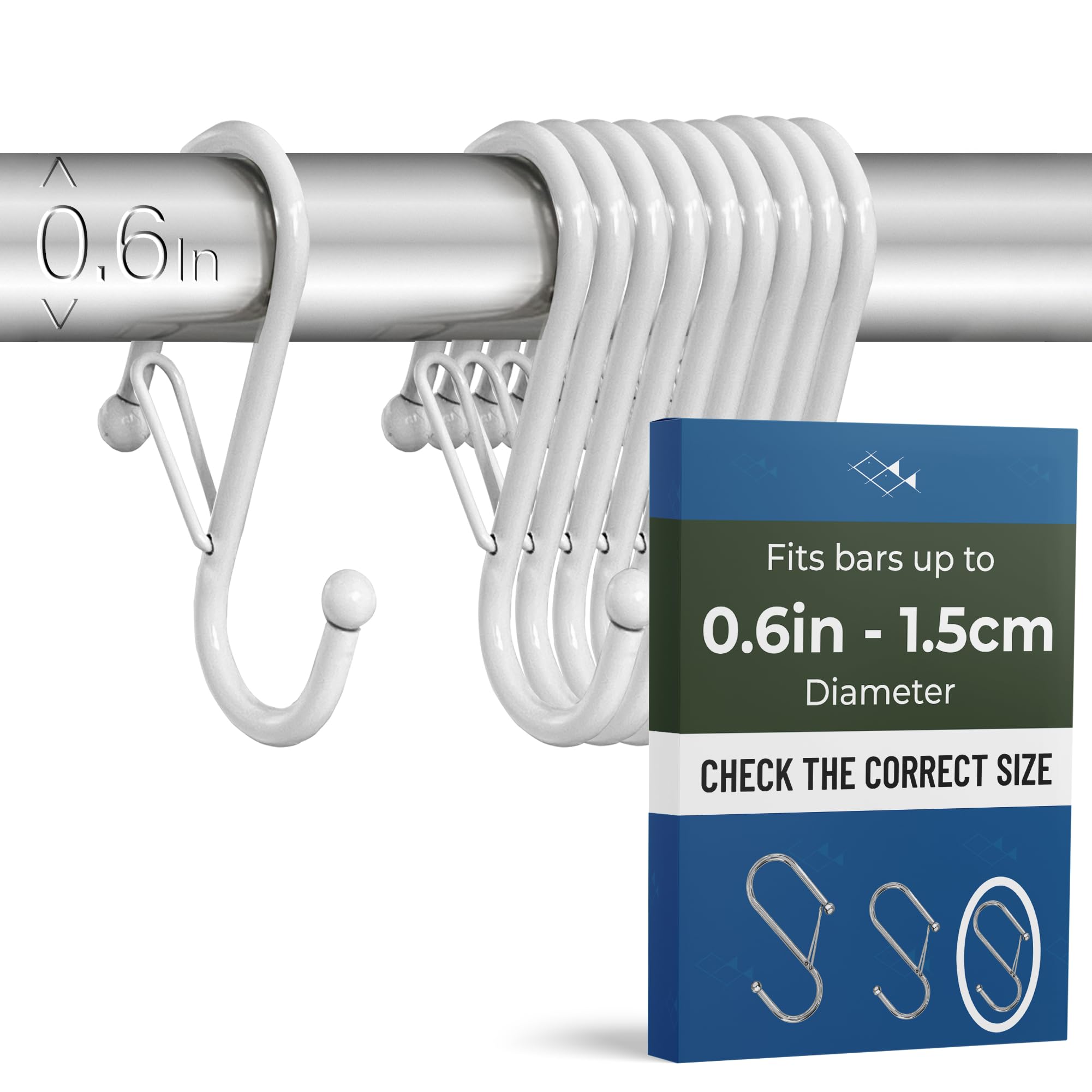 Blau Marité Anti Drop S Hooks 10 Pack with Safety Buckle Heavy Duty Metal for Bars up to 1.5cm Thick Kitchen Bathroom Organizer for Utensils Towels Plants Tools Secure Hanger White Small