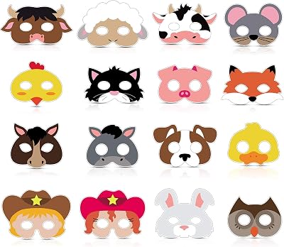 Blulu 16 Piece Farm Forest Animal Masks Costume Dress-Up Party Supplies
