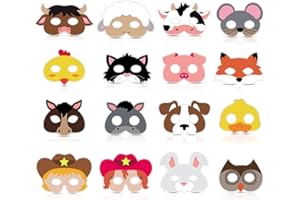Blulu 16 Piece Farm Forest Animal Mask Barnyard Animal Face for Petting Zoo Farmhouse Jungle Theme Birthday Christmas Costumes Dress-up Party Supplies