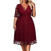 Women's Plus Size Wedding Guest Cocktail Party Semi Formal Lace Wrap V Neck Knee Length Dress