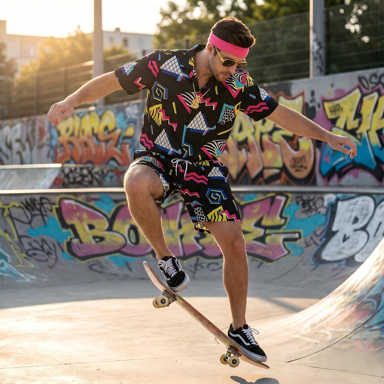 LYBOHO 80er 90er Jahre Outfit Herren,80er 90er Jahre Kostüm-Kurzarmjacke & Shorts-Set – für Halloween Karneval & Retro-Partys (Schwarz-Knopf, L) 3