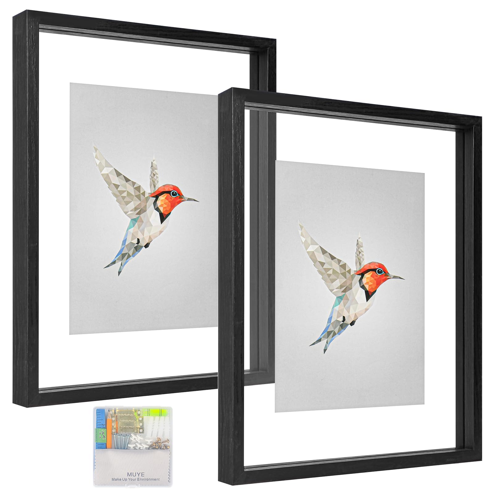 Photo 1 of MUYE 11x14 Floating Frames Set of 2,Double Glass Picture Frame Display Any Size Photo up to 11x14,Wall Mount or Tabletop Standing,Black