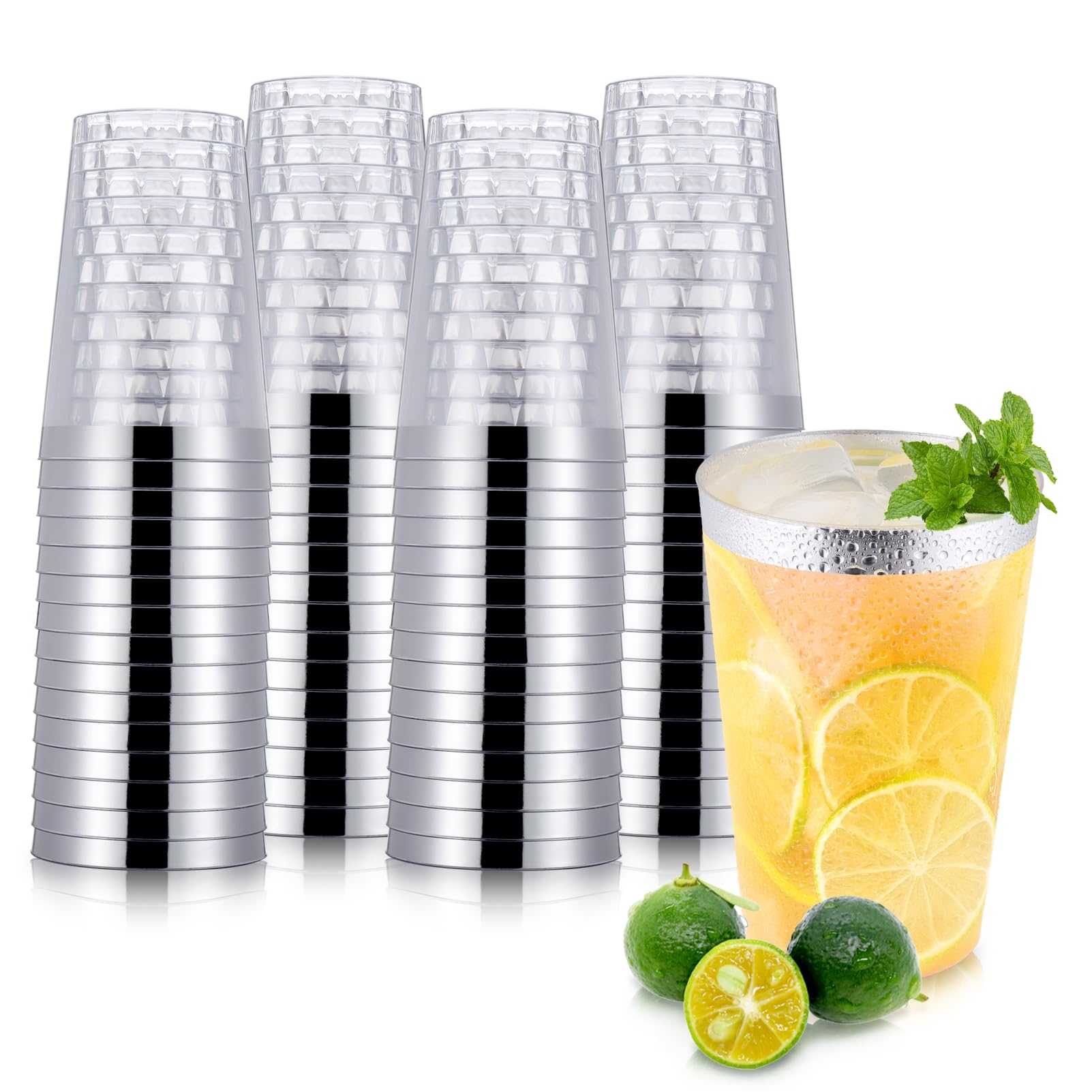 Hejo 60PCS Silver Rimmed Plastic Cups, 360 ml-12oz Plastic Glasses, Plastic Wine Glasses Reusable for Cocktail, Champagne, Beer, Martini, Dessert