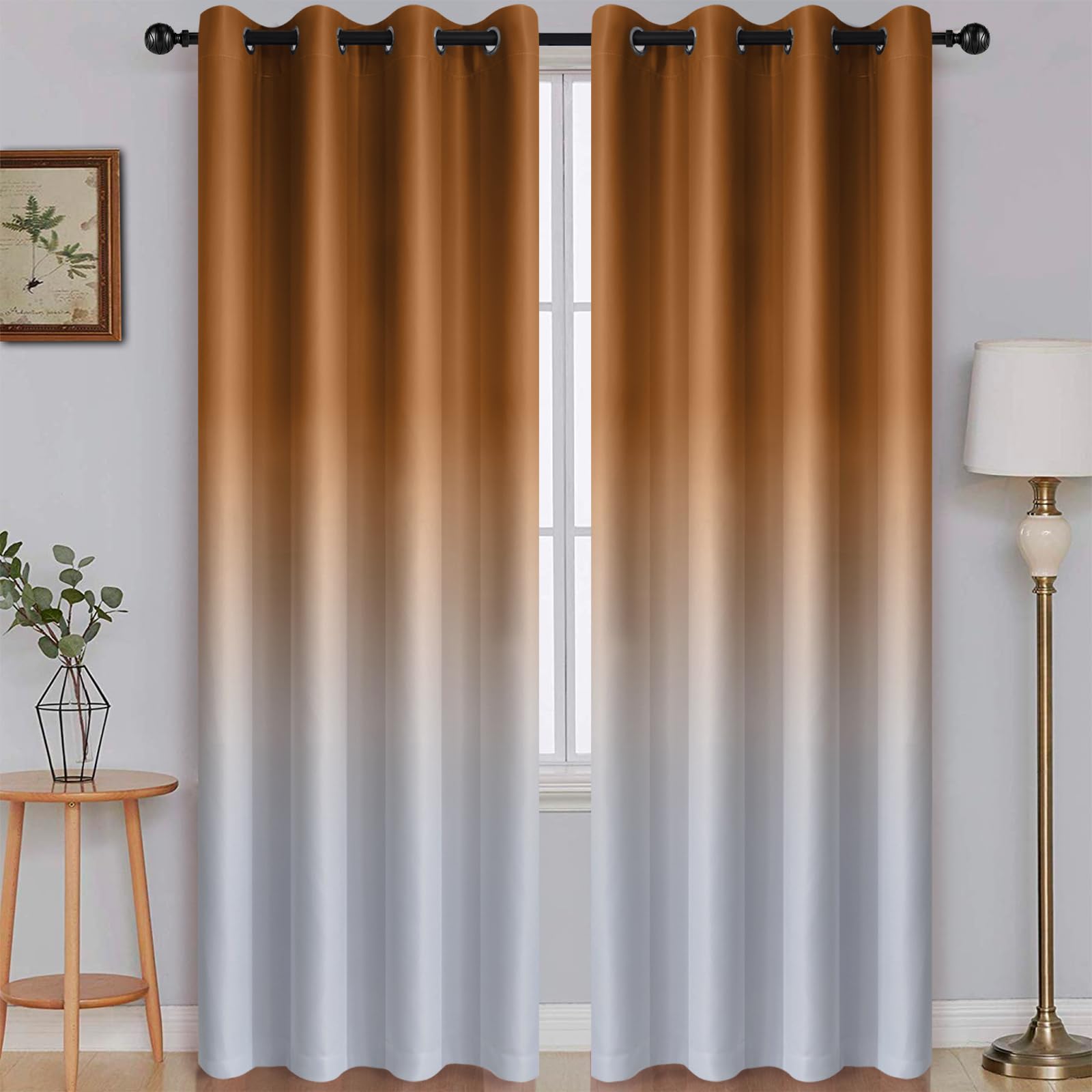 SimpleHome Ombre Room Darkening Curtains for Living Room, Light Blocking Burnt Orange to Grey White Thick Thermal Insulated Grommet Window Curtains Drapes for Bedroom, 2 Panels, 52x84 inches Length Image