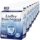 LivDry Incontinence Booster Pads, Use with Adult Diapers for Women and Men, Extra Comfort Softness, Disposable Pad (128 Count, Long Length)