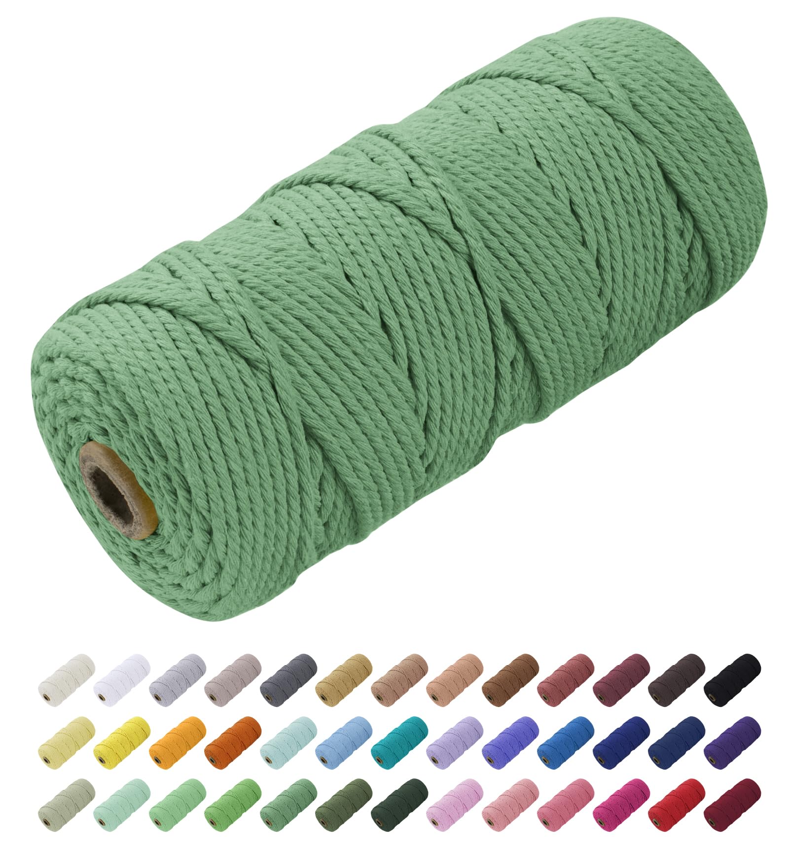 Uiopa Macrame Cord 3mm x 100m, Natural Cotton Cord Coloured Yarn Soft Rope, Macrame String Cotton Twine for Crafts, Plant Hanger, Wall Hanging, Wrapping, Christmas Decorations (Green)