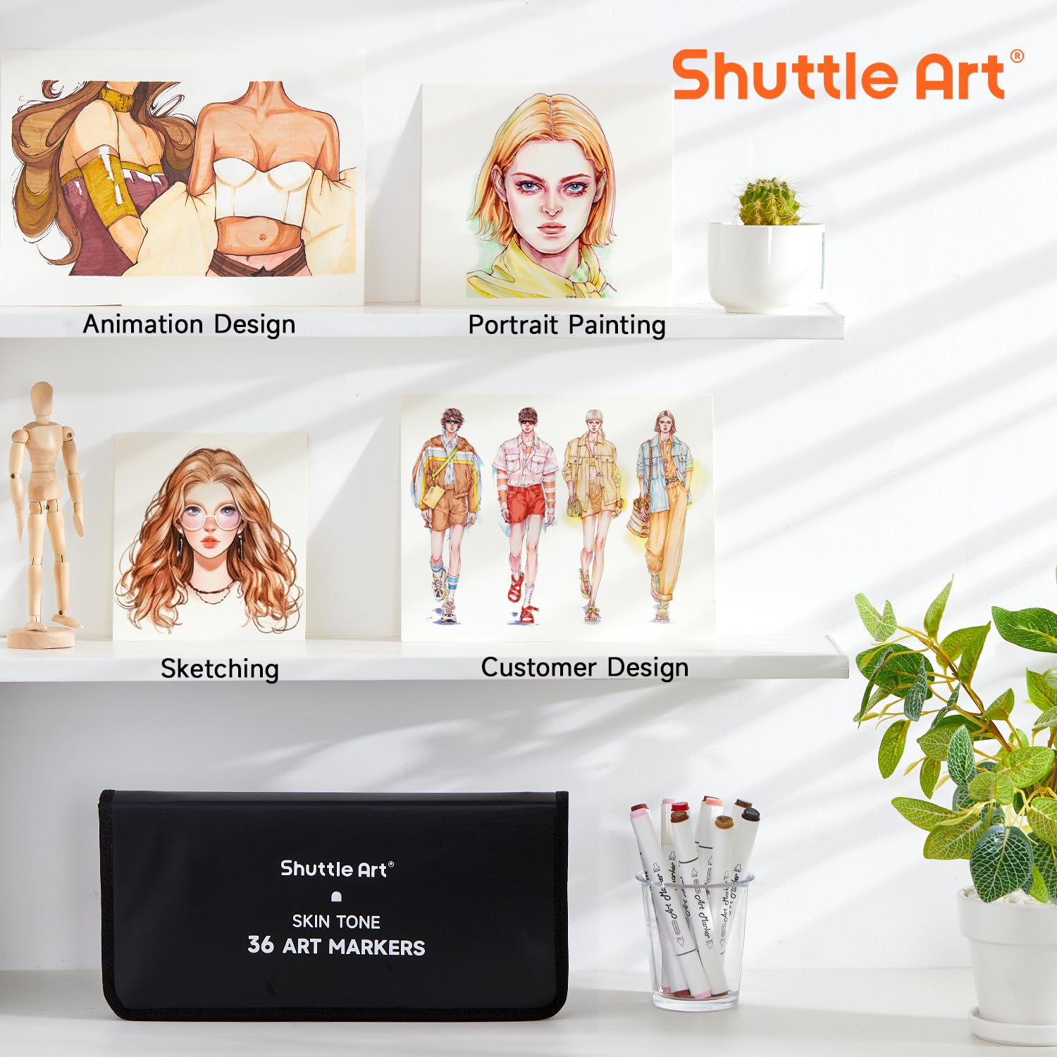 Shuttle Art 36 Colors Skin Tone&Hair Art Markers, Dual Tip Alcohol Based Marker Pen Set Contains 1 Blender 1 Carrying Case 1 Marker Pad Perfect for Kids & Adults Portrait,Comic, Anime, Manga