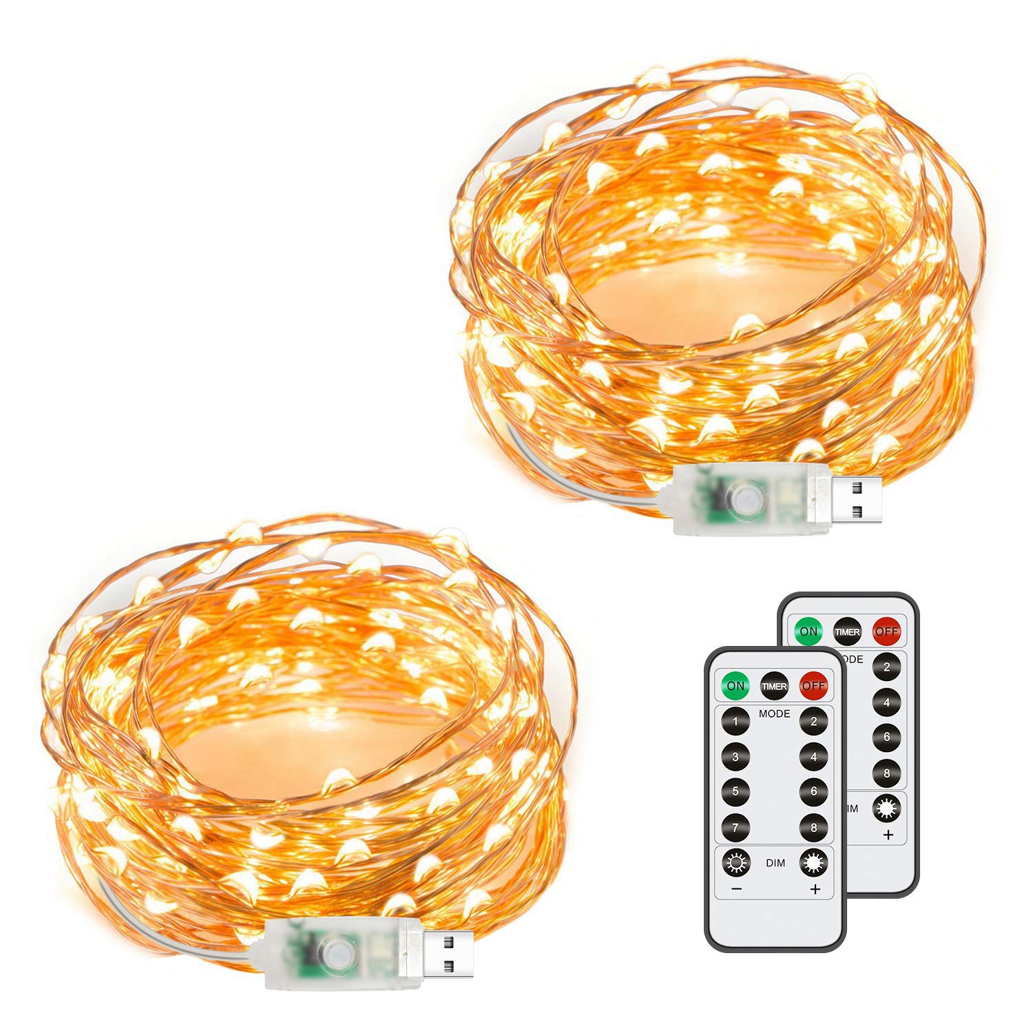 Chalpr USB Fairy String Lights, 2 Pack 50 LED 16.4Ft Led String Lights,Warm White Firefly USB Plug in Starry Lights with Remote,Waterproof Copper Wire Decorative Fairy Lights for Valentine's Day