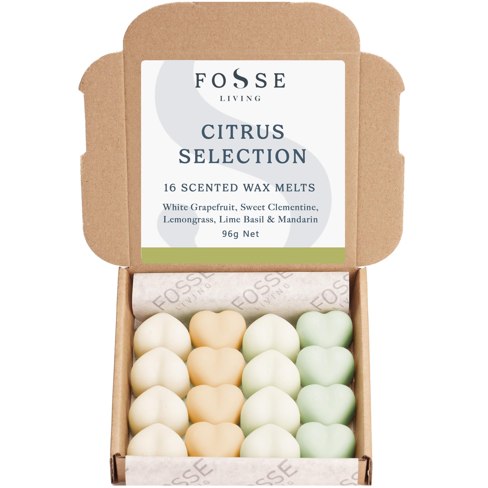 Fosse Living Citrus Selection Soy Wax Melts 16 Pack | White Grapefruit, Sweet Clementine, Lemongrass & Lime Basil Mandarin | Natural, Vegan & Plastic Free | Up to 96 Hrs Scent | Handmade in UK