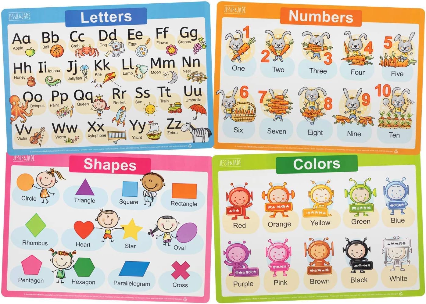 Jessie&Jade Educational Placemats for Kids - Set of 4: Alphabet, Numbers, Shapes, Colors - Washable, Durable, Reusable - Large Learning Mats for Toddlers, Preschoolers - Plastic Kids Placemat Non Slip
