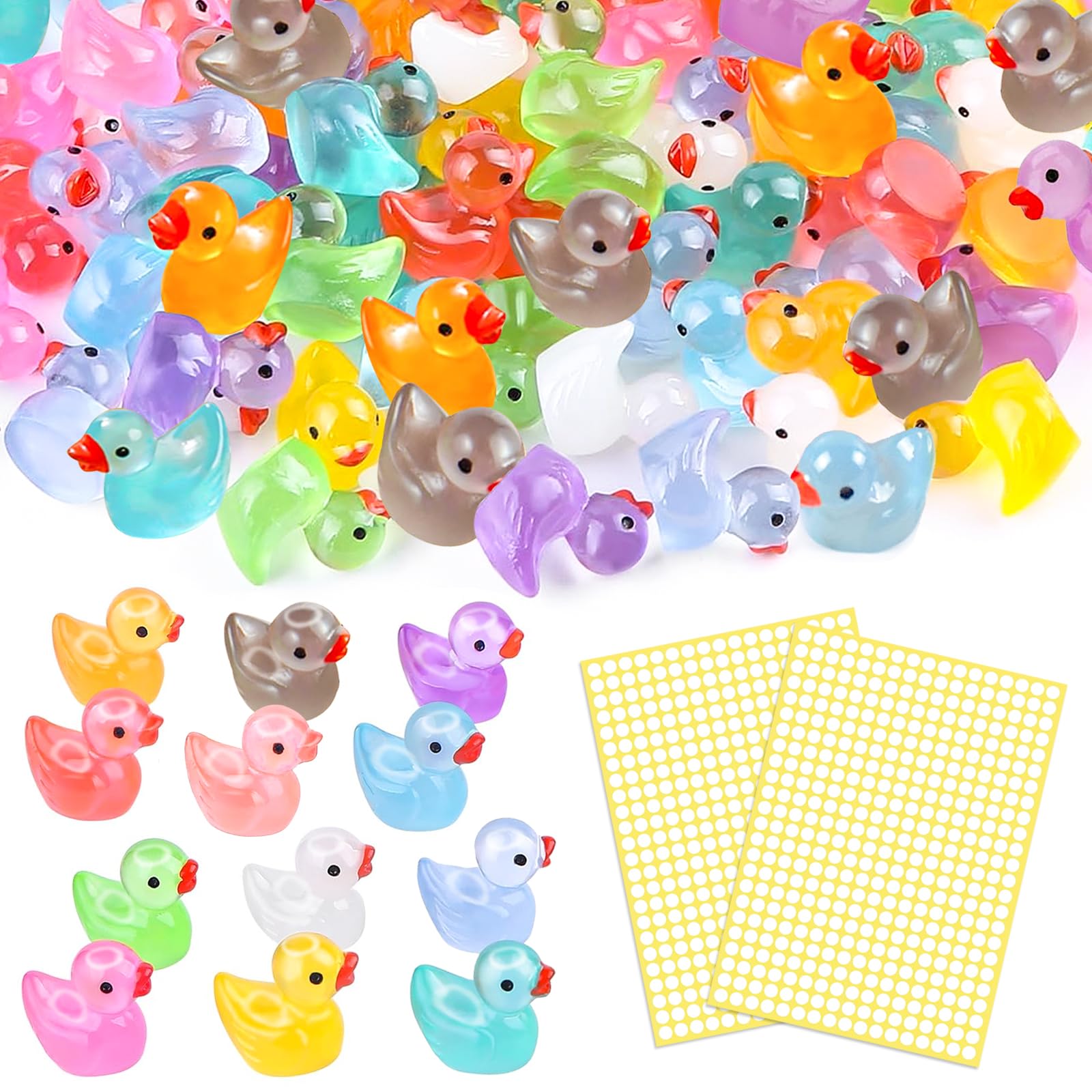 QHSXMQ Mini Ducks 100 Pack Glow in The Dark Ducks Mini Resin Ducks Figures Tiny Ducks Miniature Little Ducks Small Ducks Tiny Plastic Ducks for Aquarium Fairy Garden Dollhouse Landscape (12 Colors)