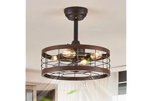 LEDIARY 16.5in Caged Ceiling Fan With Light, Bladeless Industrial Ceiling Fan With Remote, Rustic Metal Fan Lights Ceiling Fixtures For Kitchen, Farmhouse, Bedroom（6 Speed,1/2/4/8h Timing）-Walnut