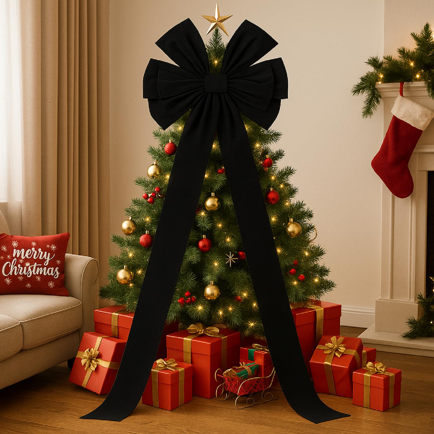 Photo 1 of Hungdao Extra Large Christmas Tree Topper Bows 70.9 x 19.7 Inch Giant Oversized Huge Christmas Velvet Decorative Bows with Long Streamers for Tree Front Door Patio Outdoor Decor(Classic,Black)
