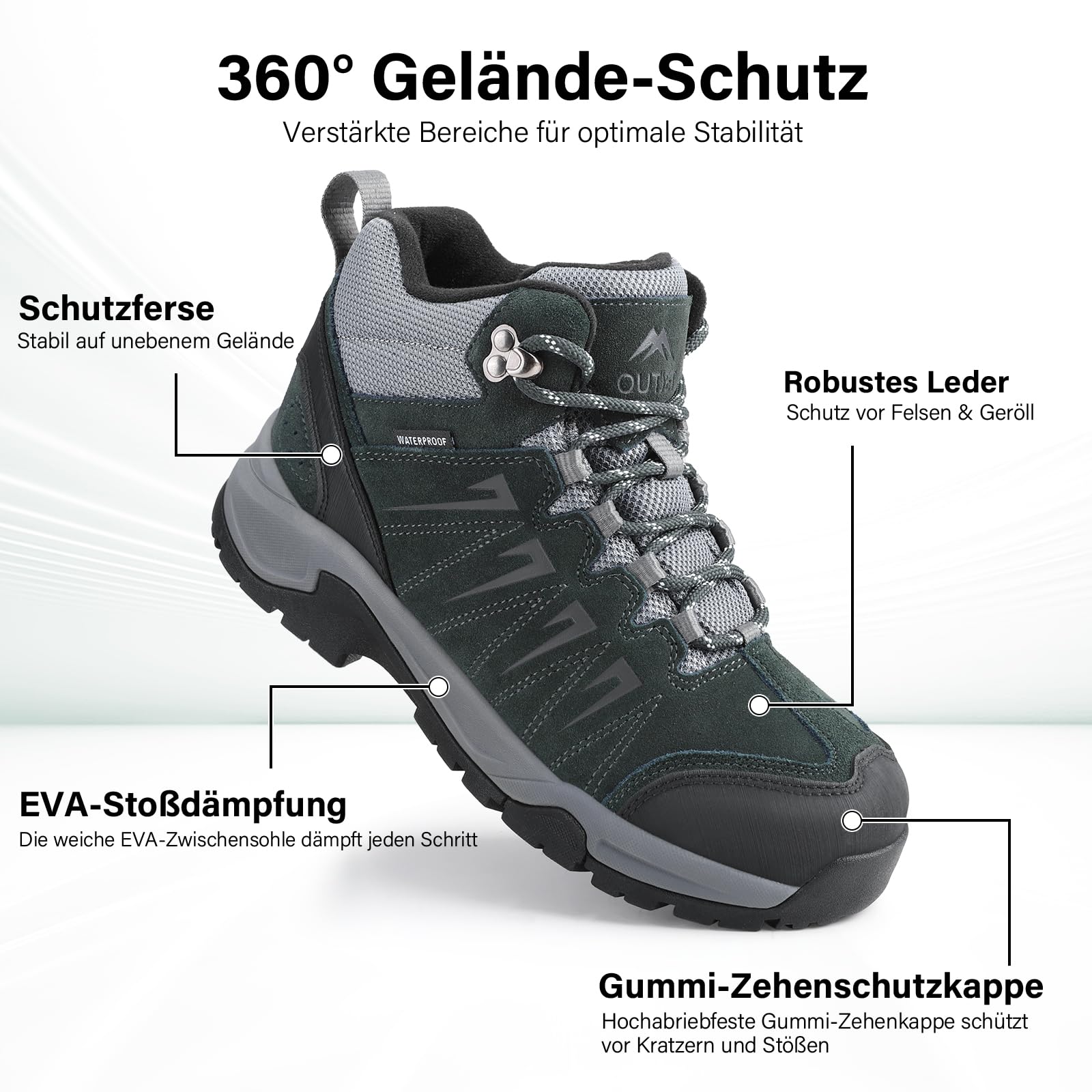 OUTJET Wanderschuhe Herren Wasserdicht Leder, Outdoor Hiking Schuhe rutschfest und Komfortabel 6