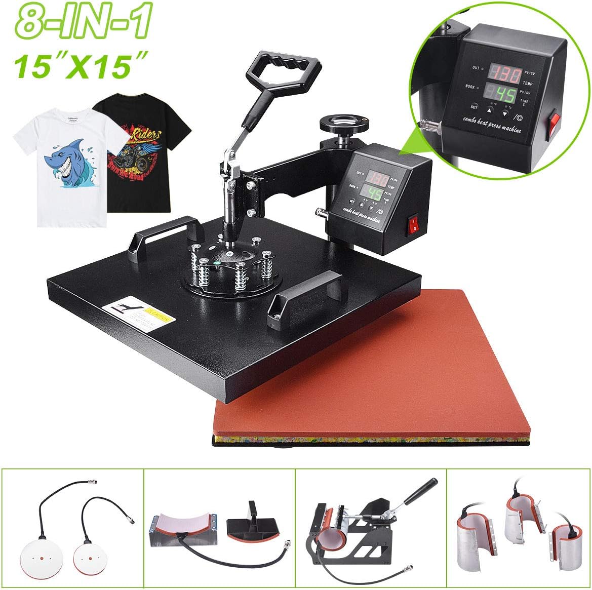 Power Heat Press Machine 8 in 1 Professional Swing Away Heat Transfer 15" X 15" Digital Sublimation 360-Degree Rotation Multifunction Combo for T-Shirt Mug Hat Plate Cap