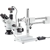 AmScope SM-4TZ-144-5MT Trinocular Stereo Microscope, WF10x Eyepieces, 3.5X-90X Magnification, 0.7X-4.5X Objective Power, 0.5X and 2.0X Barlow Lenses, 144-Bulb Ring-Style LED Light Source, Double-Arm Boom Stand, 110-240V, Includes 5MP Camera and Software