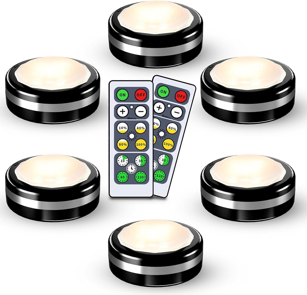 Starxing Puck Lights with Remote, Under Cabinet Wireless LED 6 Pack Battery