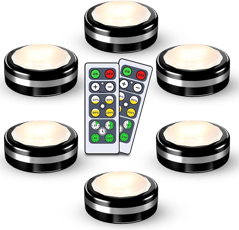 Starxing Puck Lights with Remote, Under Cabinet Wireless LED 6 Pack Battery