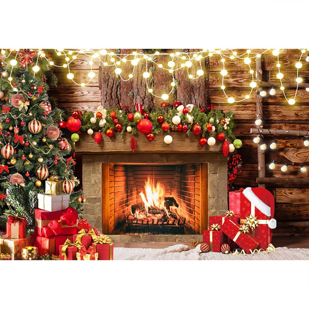 Aoihrraan 10x8ft Merry Christmas Backdrop Fireplace Xmas Tree Red Gift Brown Wooden Wall Photography Background Happy New Year Xmas Eve Family Holiday Party Decoration Portrait Photo Studio Props