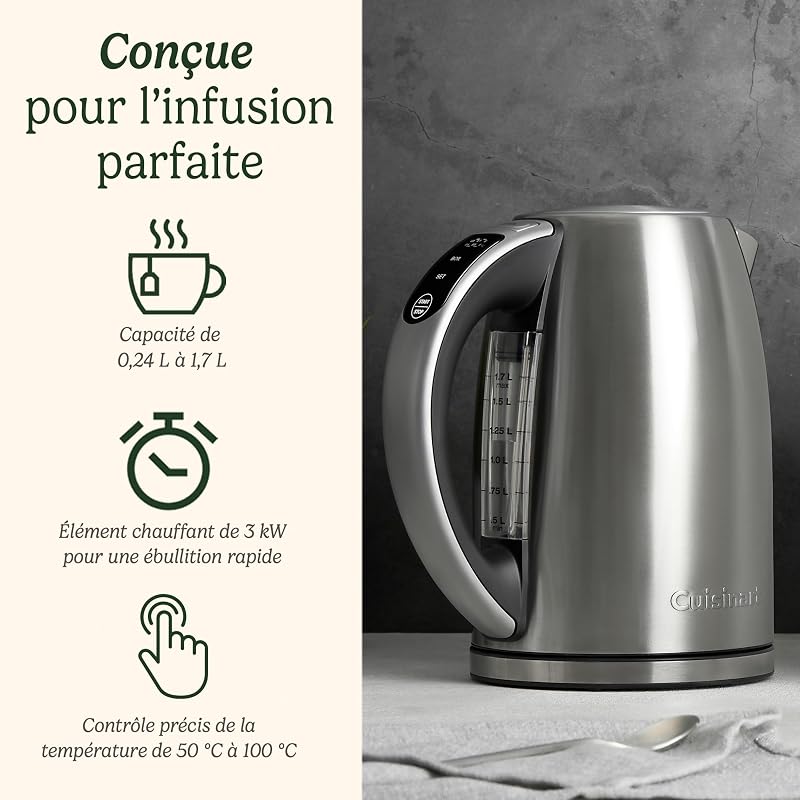 Bouilloire Électrique SmartElite 1,7L Inox – Écran tactile, Température réglable 50–100°C, Ébullition rapide 3 kW, Filtre anticalcaire lavable, Bec précis
