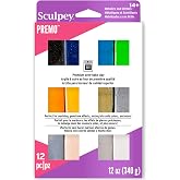 Sculpey Premo Clay Multipack - 12 Metallic &amp; Glitter Colors, 1oz Bars | Bakeable polymer clay set for jewelry, caning and mokume gane; non-toxic, durable craft sampler for adult arts and DIY