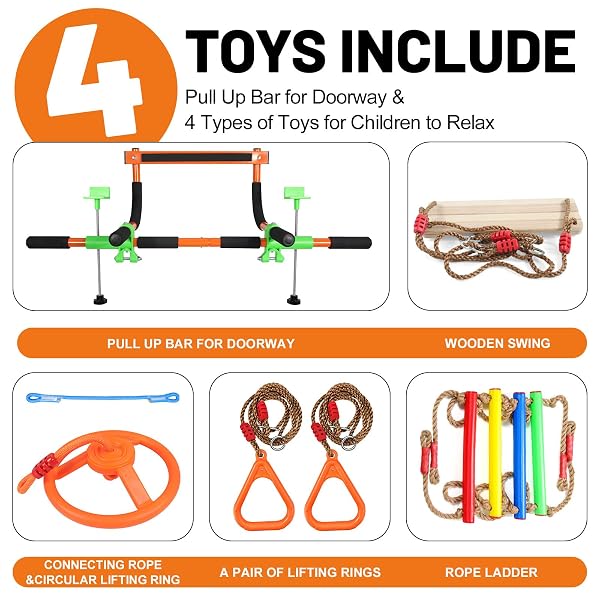 DOORWAY SWING FOR KIDS & DOOR PULL UP BAR FOR ADULTS, INDOOR KID SWING WITH 4 ACCESSORIES, MULTI-FUNCTION DOORWAY GYM, FITS DOOR FRAME 24.41-30.51” W X 3.94-6.69” THICKNESS (ORANGE)