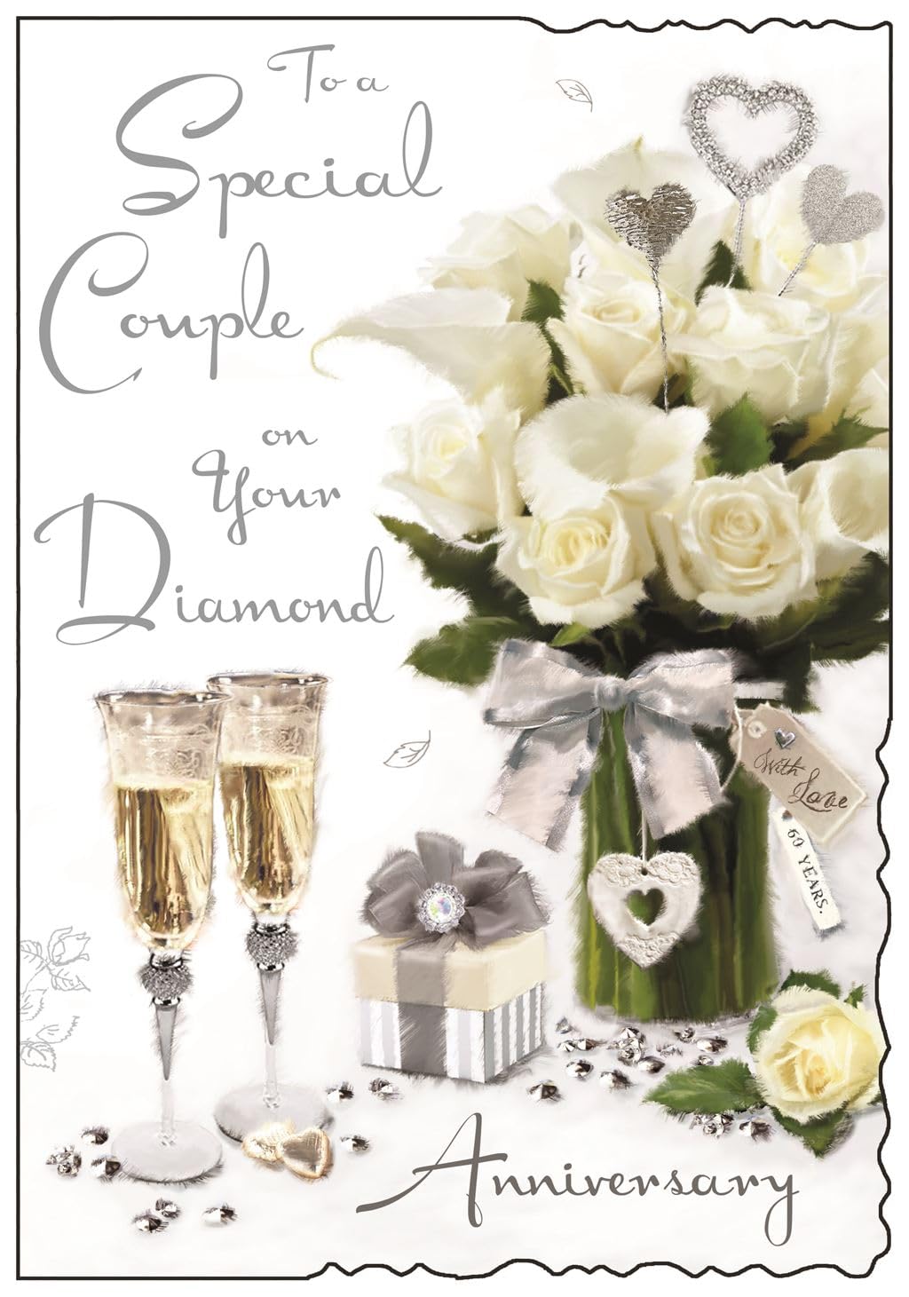 Illustrated Diamond Anniversary Card - (JJ0234) - Special Couple Diamond Anniversary - From The Velvet Range - Embossed With A Silver Foil & Flitter Finish