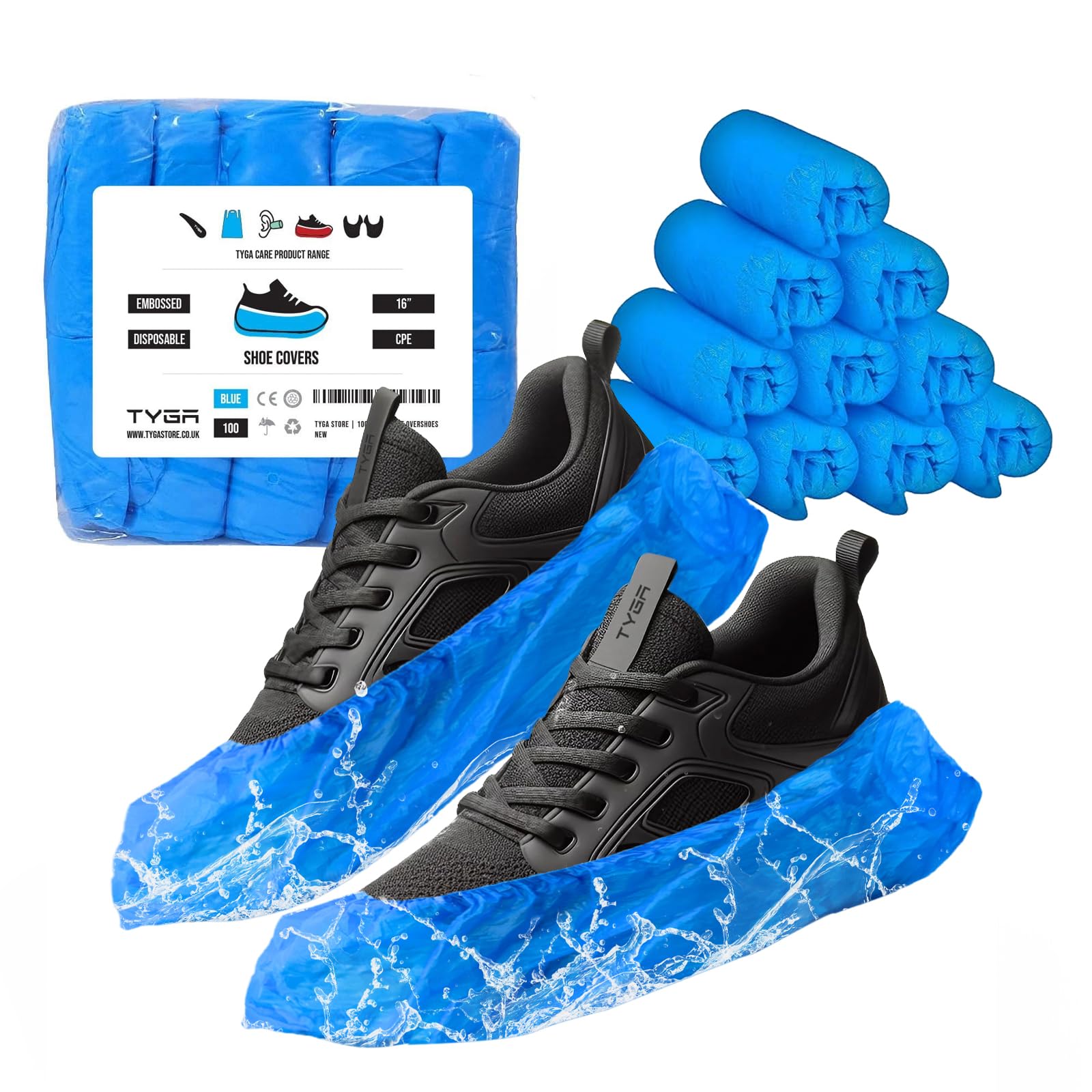 TYGA Store | 100 Disposable Shoe Covers Blue Plastic Anti Slip Indoor Outdoor Carpet Floor Rain Cleaning Boot Safety Non-Woven Cycling Overshoes Protectors (100)