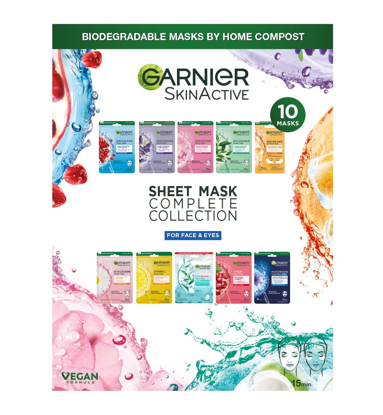 Garnier Sheet Masks Complete Collection, Set of Sheet Masks for Face and Eyes, With Natural Plant Extracts, Hyaluronic Acid Serum and Vegan, Biodegradable Tissue, SkinActive, 10 Pieces