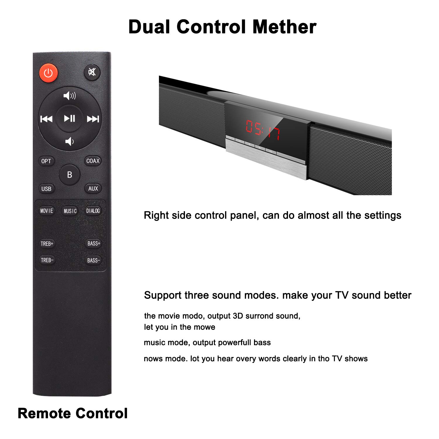 Sound Bar, 2.0 Channel Wired&Wireless Bluetooth Stereo Soundbar, Three Equalizer Mode Audio Speaker for TV (Optical Cable Included,DSP,Bass Adjustable,Wall Mountable)