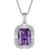PYNZY Princess Cut Necklaces for Women, 925 Sterling Silver Emerald Cut Birthstone Pendant Necklace Halo Square Rectangle Jewelry Gifts for Her