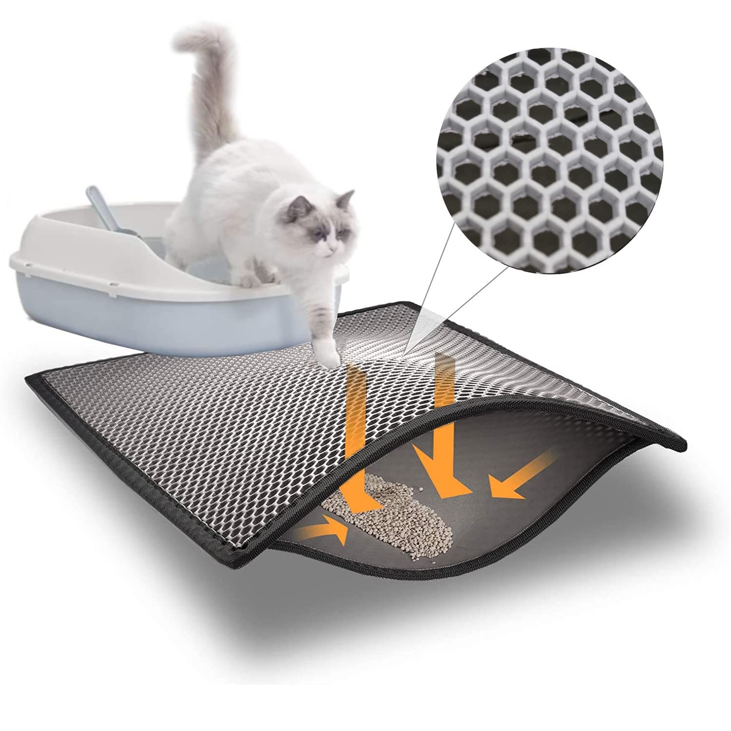 Blue Eyes Cat Litter Tray Mat, 60 x 40 cm, Cat Litter Mat, Honeycomb Design, Cat Litter Tray Mat, Waterproof, Double Layer Design, Honeycomb Mat (Grey)