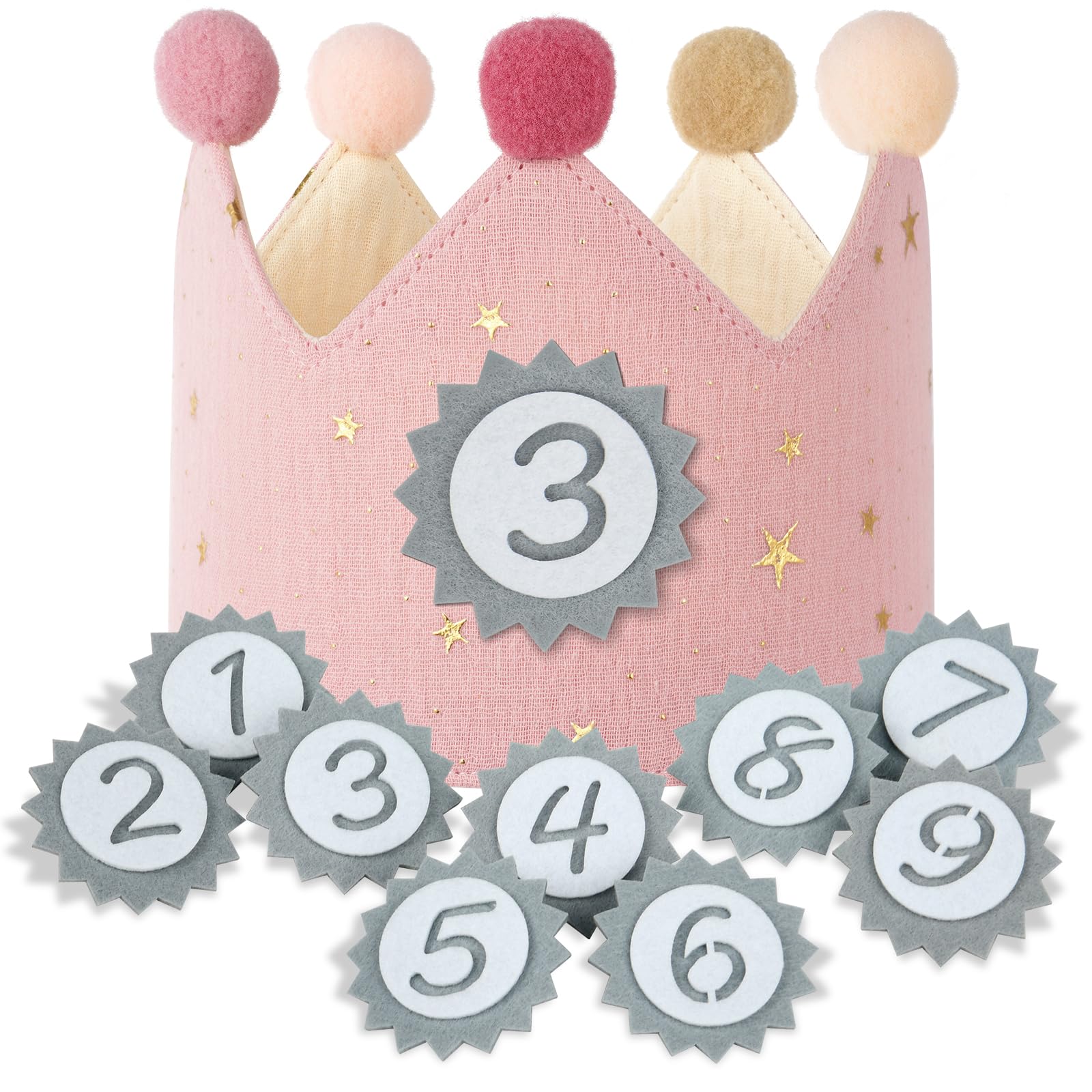URAQT Birthday Crown for Kids, Reusable Star Birthday Party Hat Crown with Interchangeable Number from 1 to 9, Baby Photo Props, Party Tiara Headbands Gifts for Boys Girls, Pink