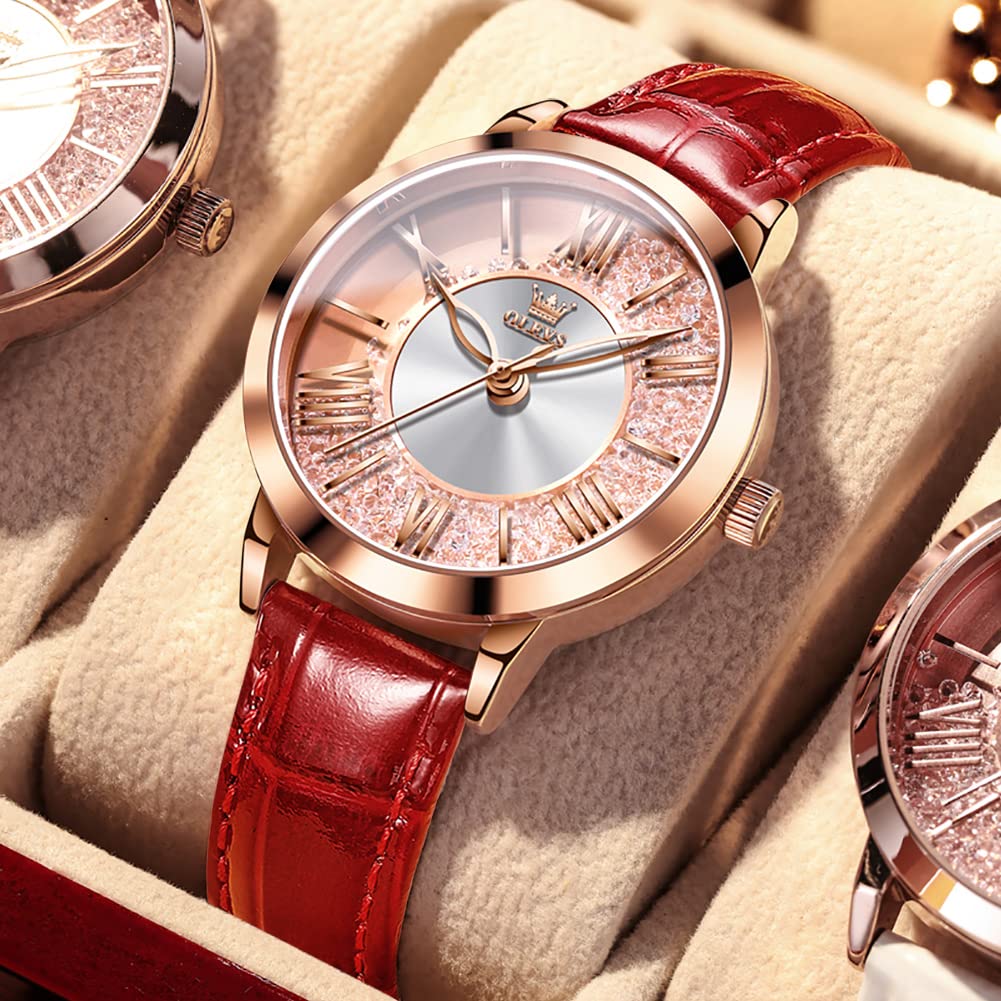 OLEVS Classic Leather Watches for Women, Business Dress Rhinestone Roman Numerals Ladies Watches, Waterproof Analog Quartz Womens Wrist Watches, Relojes para Mujer Pink, Red, White Leather Strap