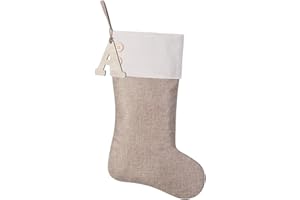 JKSVE 19.5 inch Burlap Christmas Stockings, Personalized Wooden Initial Monogram Christmas Stocking, Christmas Party Family Decor (A)