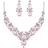 EVER FAITH Bridal Faux Pearls Jewelry Set for Bride, Rhinestone Crystal Simulated Pearl Gorgeous Leaf Teardrop Wedding Prom Statement Necklace Earrings Sets for Women