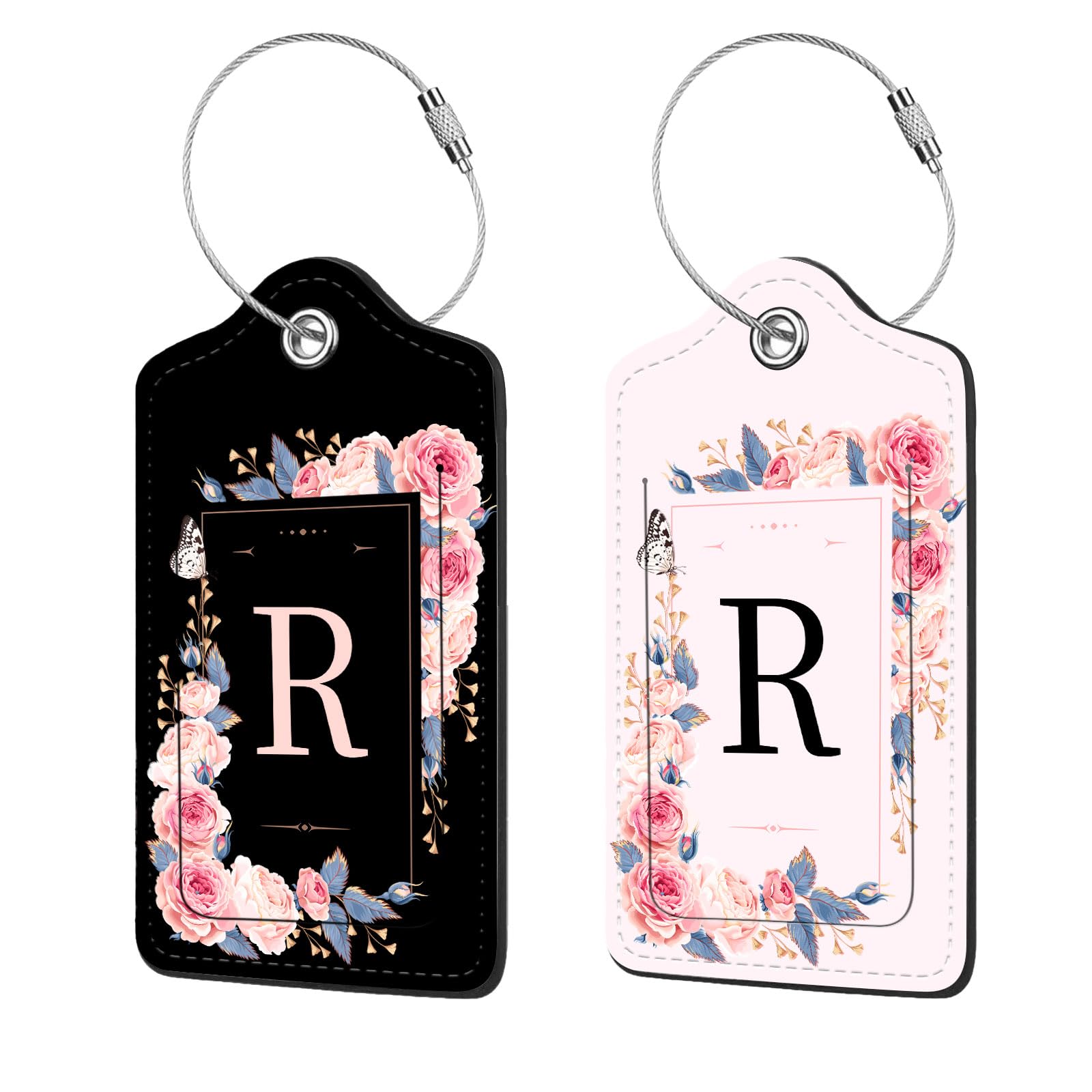 Photo 1 of 2 Pcs PU Leather Luggage Tag for Suitcases with Privacy Shield and Name ID Tag Address Card Travel Cruise Luggage Tag, Suitable for Men and Women Baggage Handbag Backpack,Flower and Monogram(Letter R