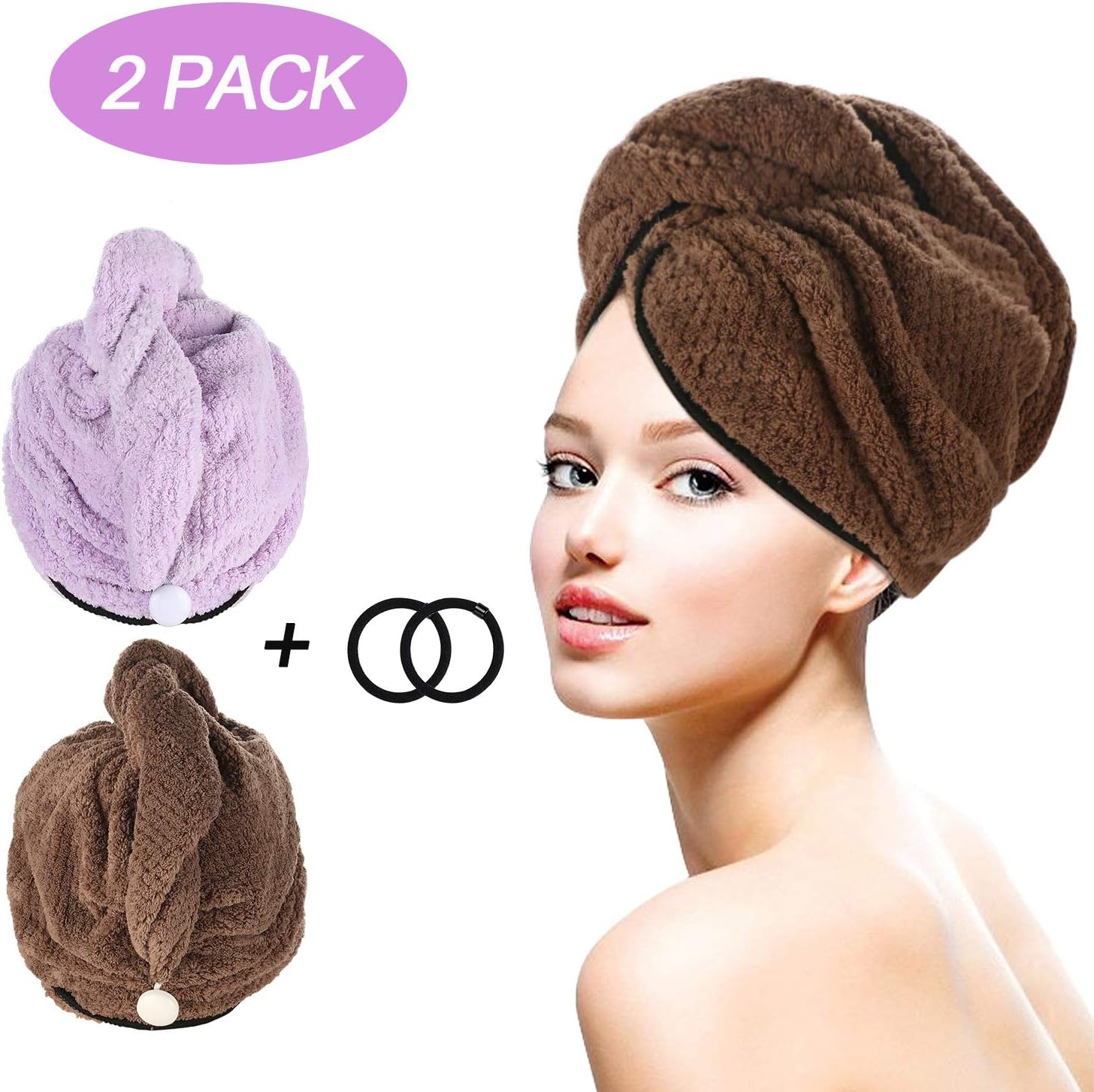 Tencoz 2Pack Hair Towel, Towel Turbans with Superfine Fiber Soft Microfiber Ultra Absorbent Dry Hair Cap for Travel Home Bath Head Wrap Quick Dry Hair Towel for Women-Brown and Purple