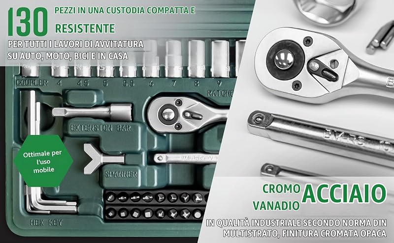 M29166 - Set chiavi a tubo, a cricchetto, In valigetta di plastica, 130 pezzi