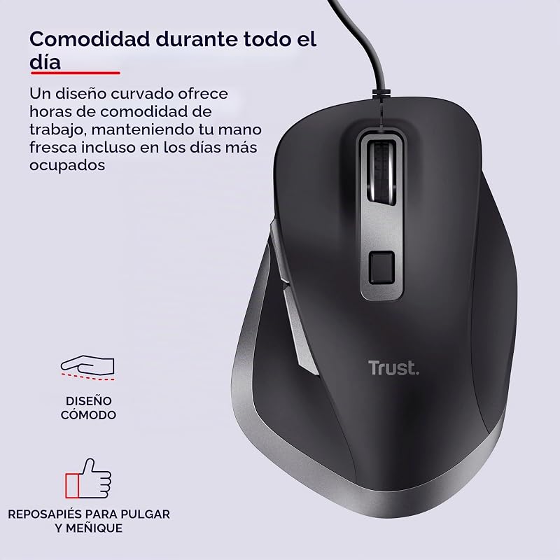 Trust Fyda USB Computer Mouse, Design Sustentável, 600-5000 DPI, 6 Botões, Suporte Thumb e Pinky, Mouse ergonômico com cabo de 150 cm para laptop, PC, Macbook, Office, Preto
