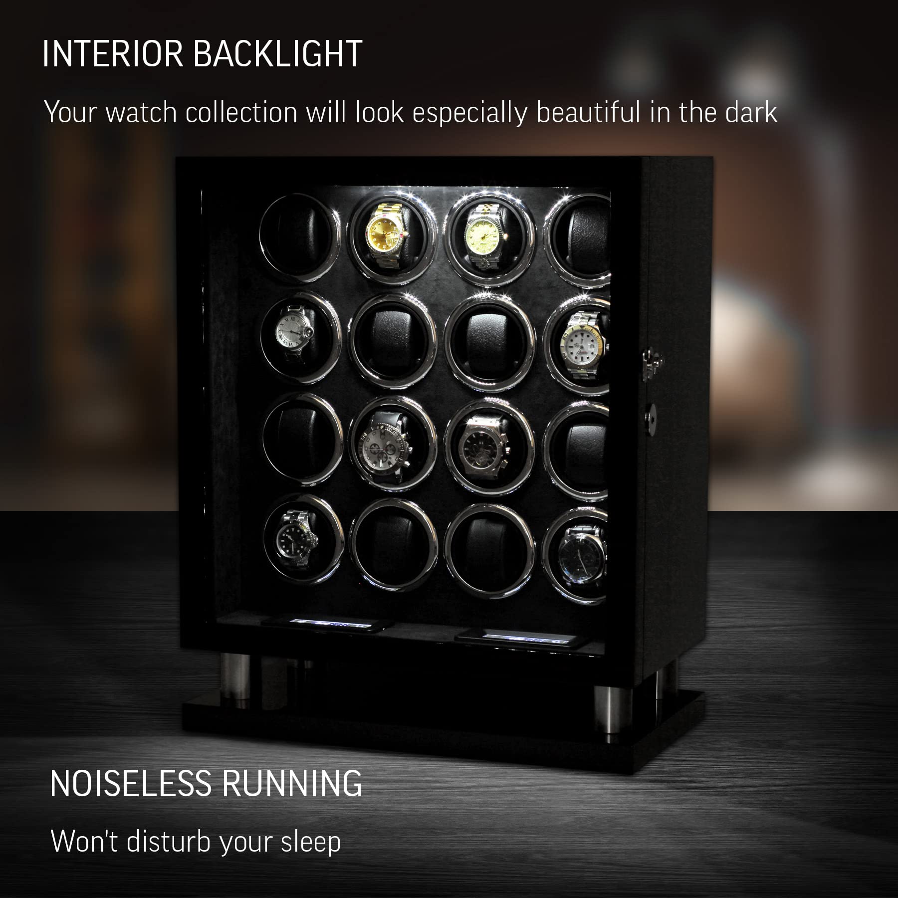 Watch Winder for 16 Automatic Watches with LED Backlight and LCD Touchscreen Control
